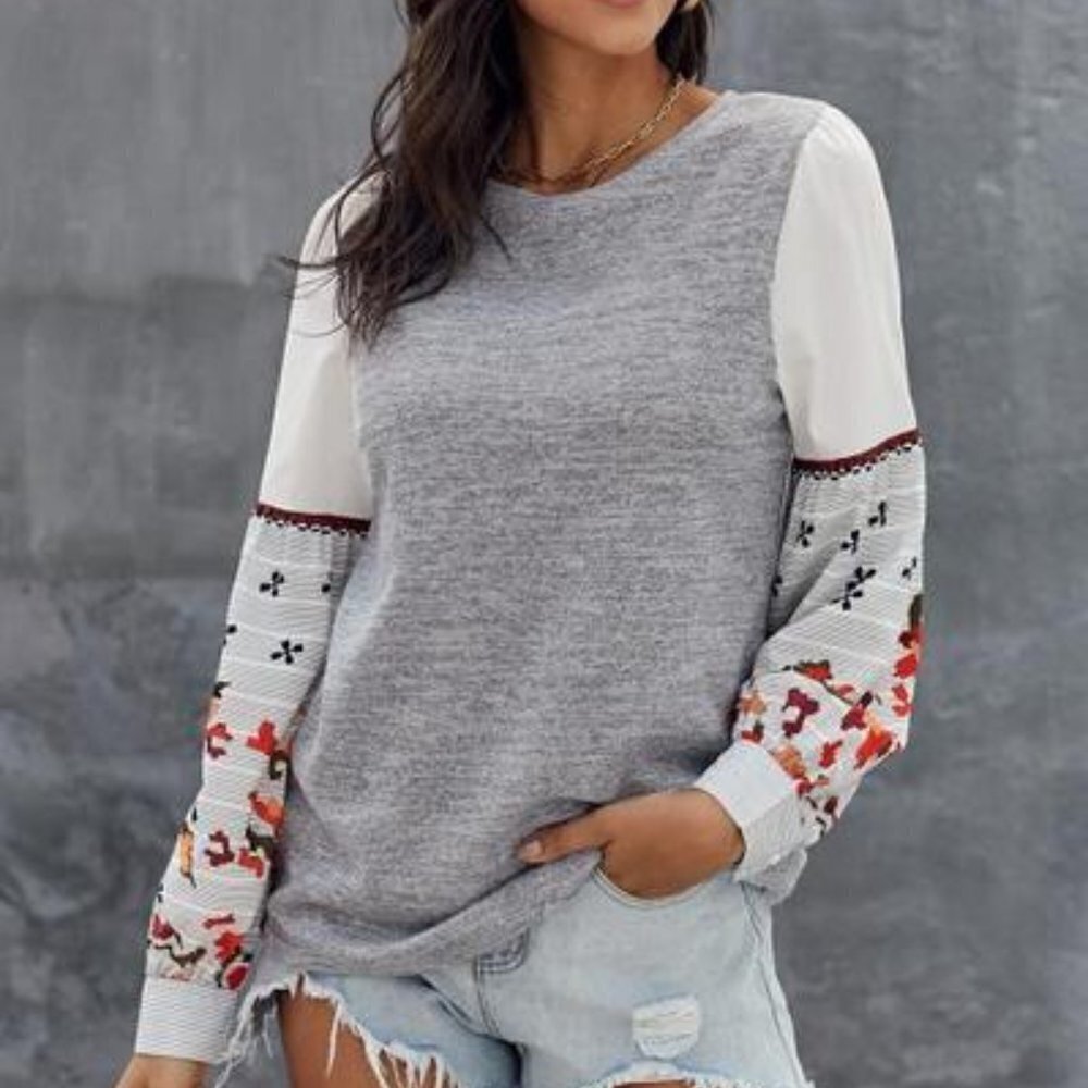 TRÏBE Boho Long Sleeve Gray Sweatshirt Size XL NWT